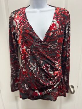 Karen Kane Velvet Burnout Faux Wrap Top Red Silver Filigree Damask S